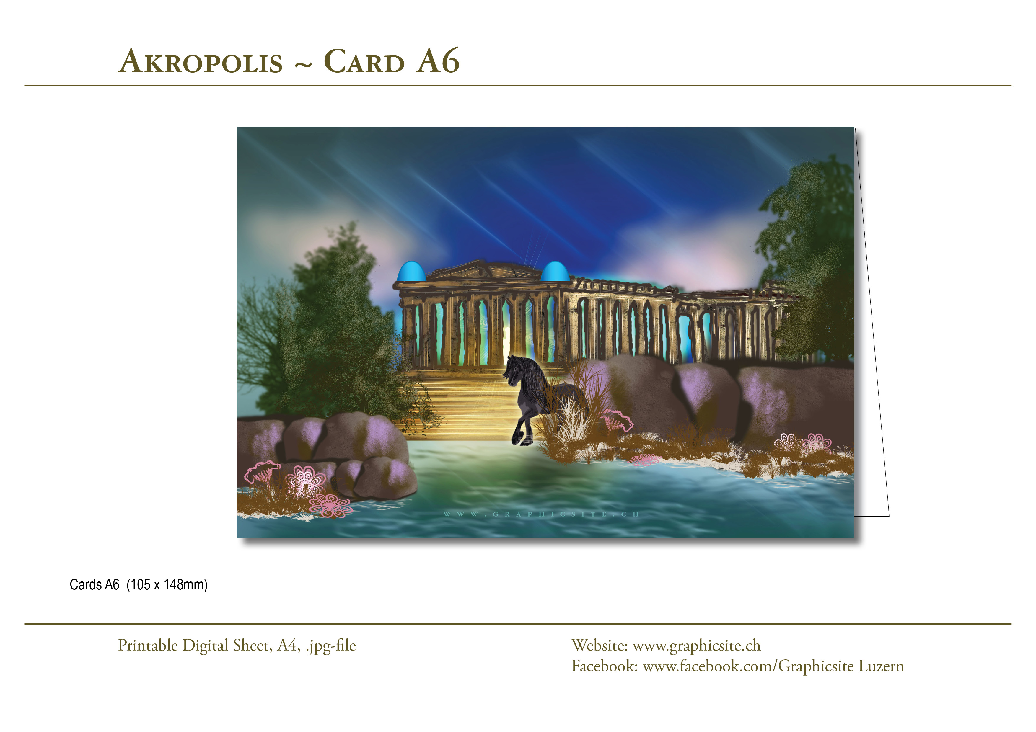 Printable Digital Sheets - DIN A Formats - Card A6 - Akropolis, Greece, Digital Painting, Graphic Design, online, Shop, printing,